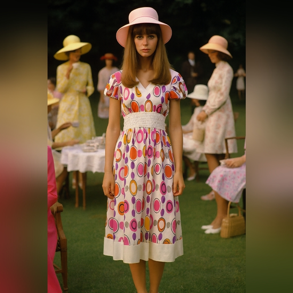 Vintage 70s Mod Geometric Oval Print Smocked Midi Dress Multicolor